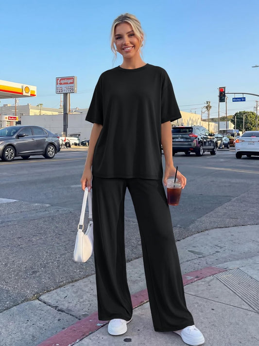 Trendy Queen Women 2 Piece Matching Summer Lounge Sets Clothing 2026 Short Sleeve Shirts & Pants Travel Outfit