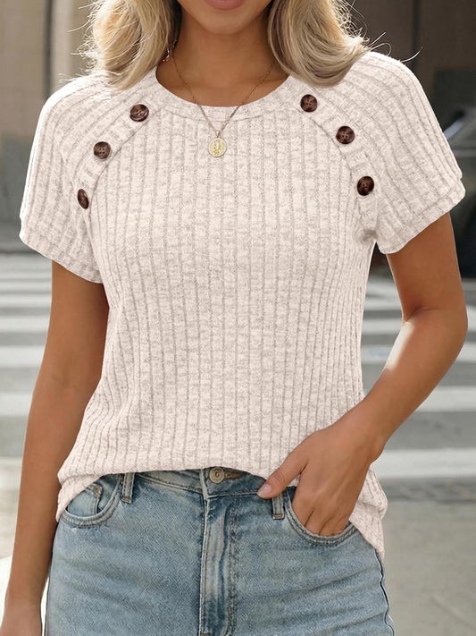 AUTOMET Women's Short Sleeve Decorative Buttons Shirts Business Casual Tops