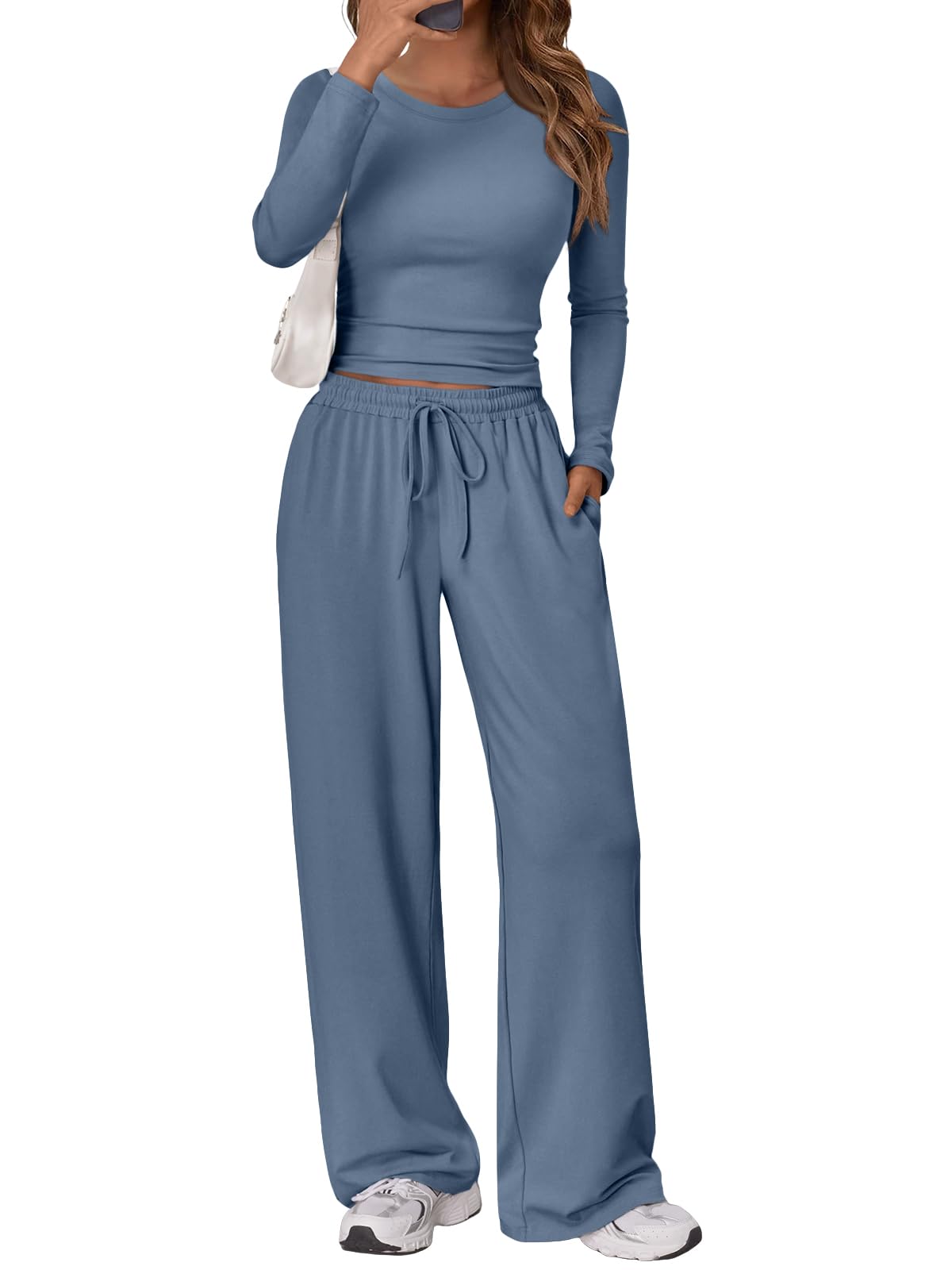 Trendy Queen Women's 2 Piece Matching Lounge Set Long Sleeve Side Ruching Top Wide Leg Drawstring Pants Set with Pockets