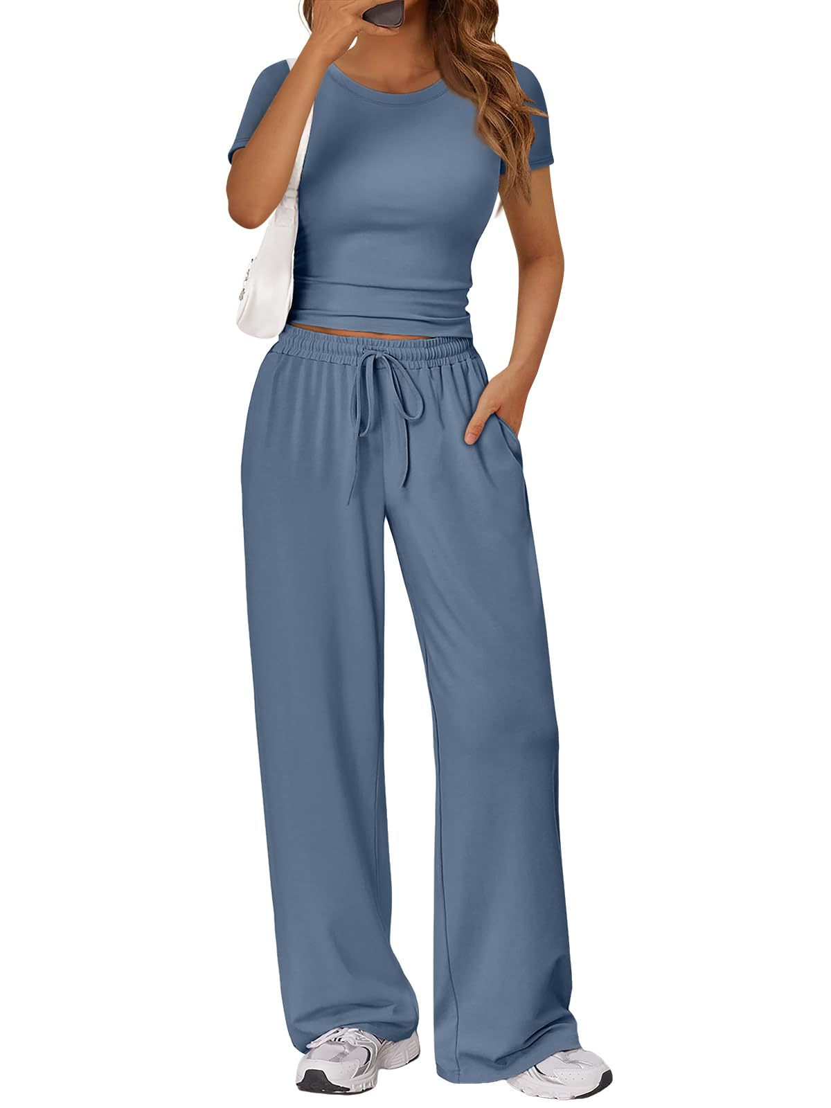Trendy Queen 2 Piece Matching Summer Lounge Set Womens Side Ruching Top Wide Leg Pants Sets with Pockets
