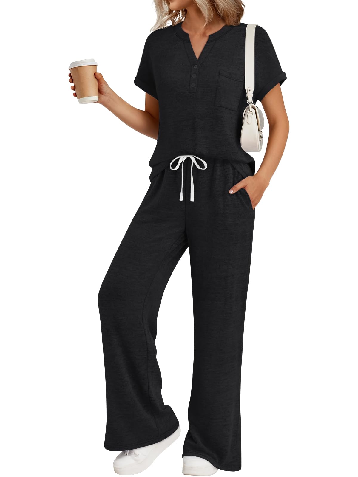 Trendy Queen 2 Piece Lounge Sets for Women Summer 2026 Henley Sweatsuit Travel Vacation Airport Outfits Pajamas Sets