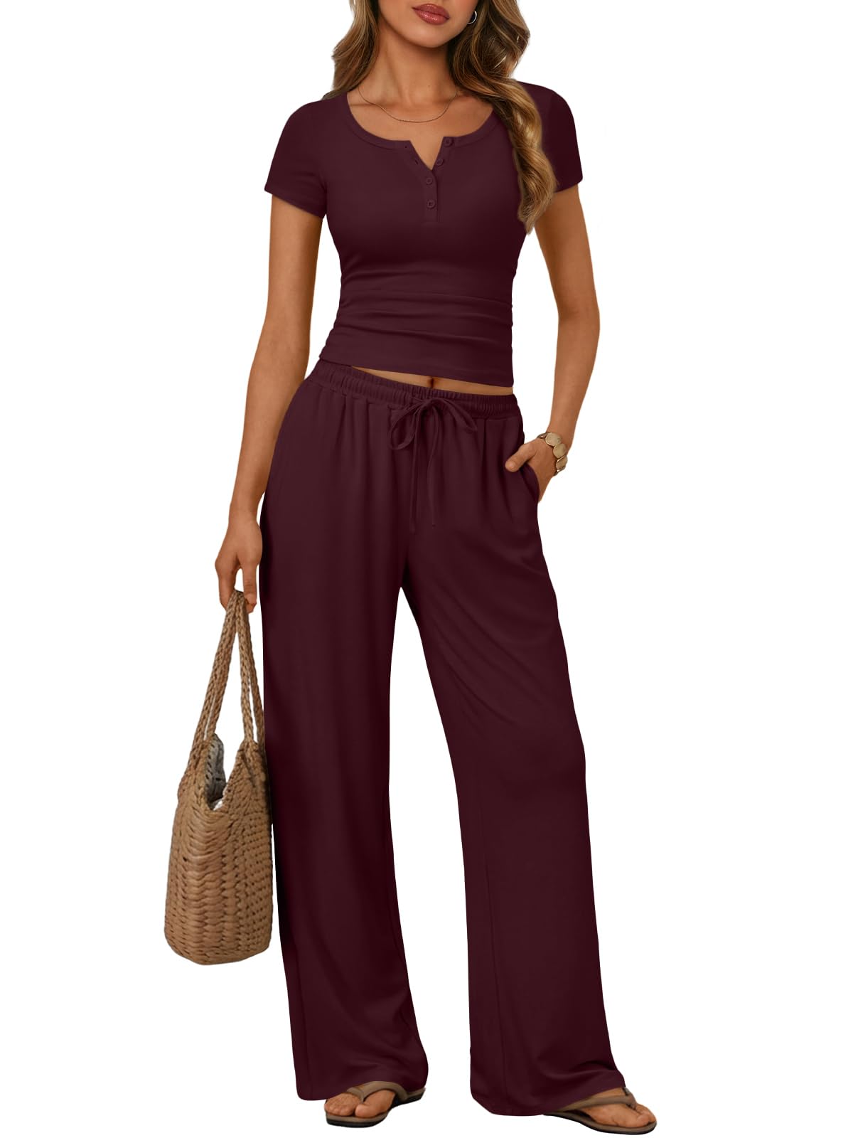 Trendy Queen Women's 2 Piece Matching Lounge Sets Summer Henley Neck Slightly Crop Top Wide Leg Pants Casual Sweat Suit