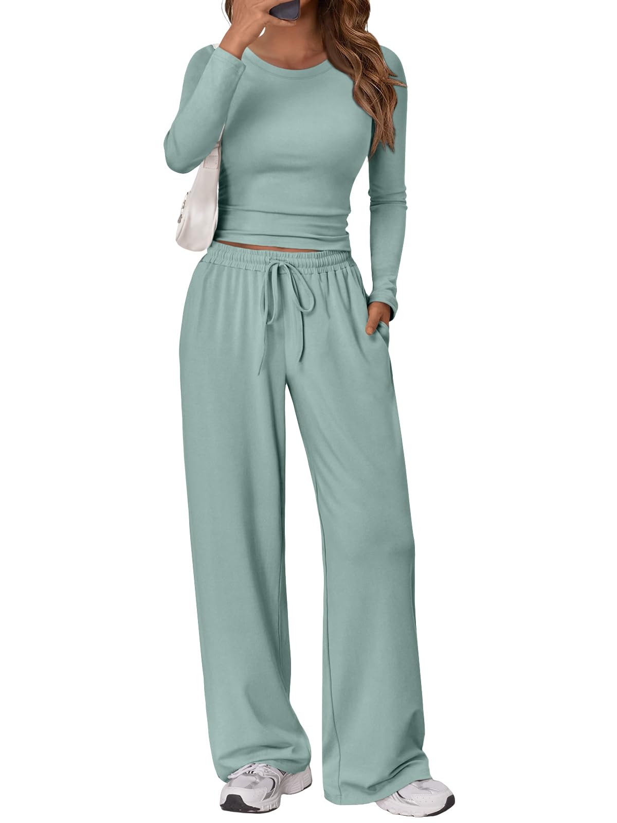 Trendy Queen Women's 2 Piece Matching Lounge Set Long Sleeve Side Ruching Top Wide Leg Drawstring Pants Set with Pockets
