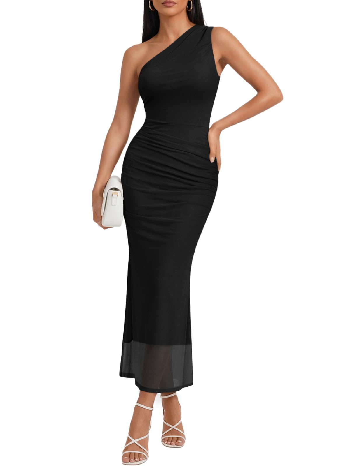 Trendy Queen Women's One Shoulder Maxi Bodycon Mesh Ruched Floral Beach Cocktail Wedding Guest Dress with Side Slit