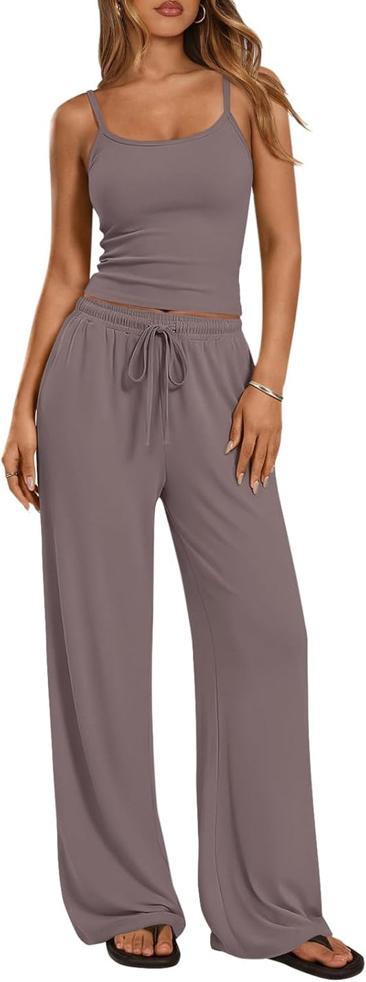 Trendy Queen Women's 2 Piece Lounge Set Spring Outfits - Camisole Top & Wide Leg Pants