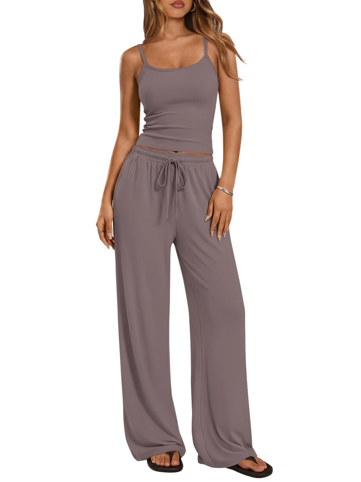 Trendy Queen Women's 2 Piece Lounge Set Spring Outfits - Camisole Top & Wide Leg Pants