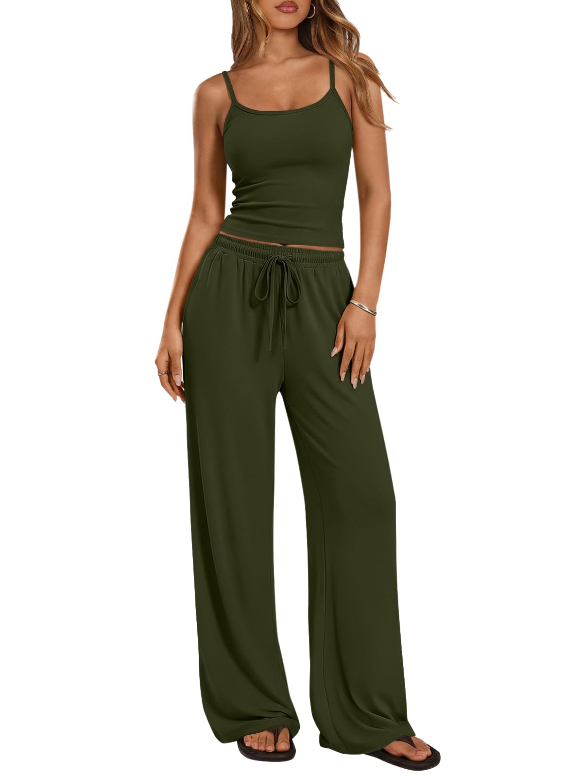 Trendy Queen Women's 2 Piece Lounge Set Spring Outfits - Camisole Top & Wide Leg Pants