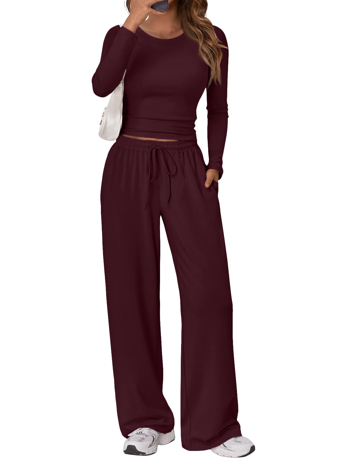 Trendy Queen Women's 2 Piece Matching Lounge Set Long Sleeve Side Ruching Top Wide Leg Drawstring Pants Set with Pockets
