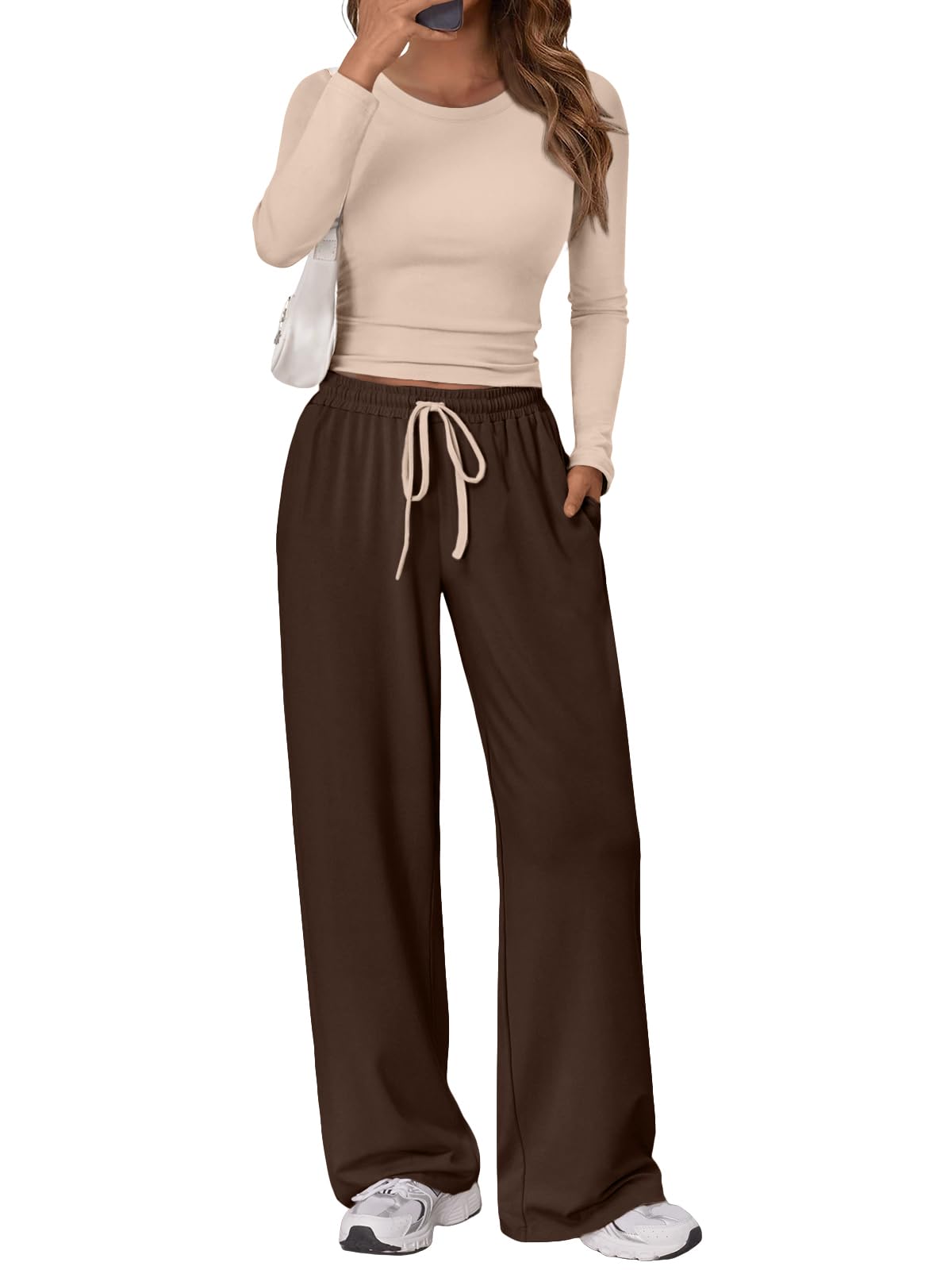 Trendy Queen Women's 2 Piece Matching Lounge Set Long Sleeve Side Ruching Top Wide Leg Drawstring Pants Set with Pockets