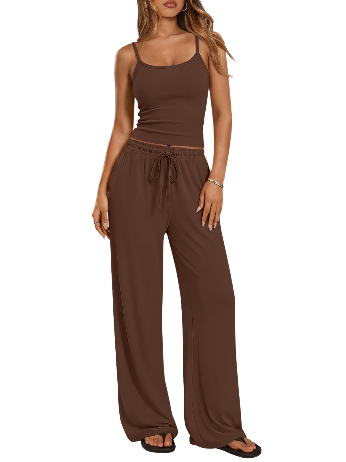 Trendy Queen Women's 2 Piece Lounge Set Spring Outfits - Camisole Top & Wide Leg Pants