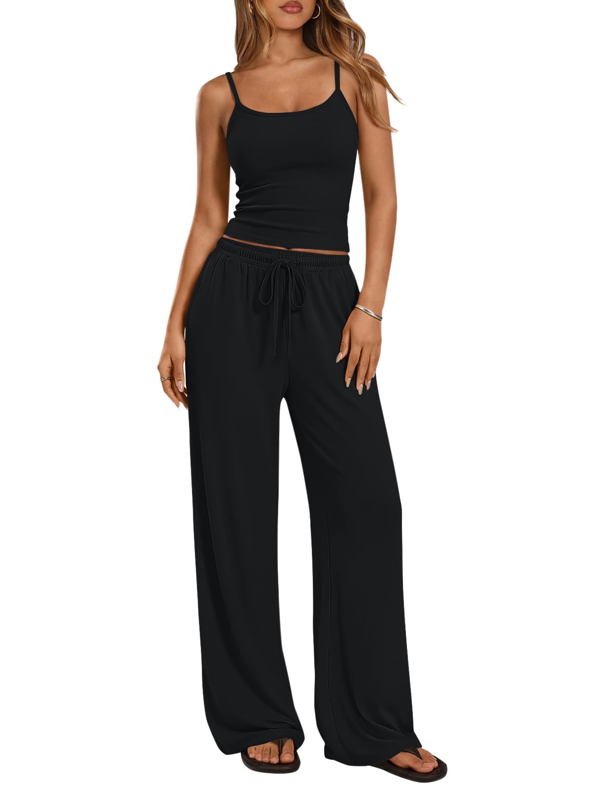 Trendy Queen Women's 2 Piece Lounge Set Spring Outfits - Camisole Top & Wide Leg Pants
