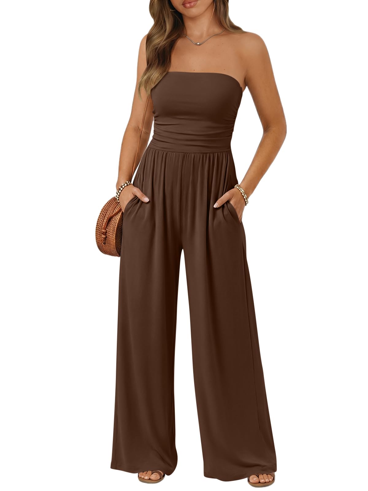 Trendy Queen Womens One Piece Strapless Jumpsuit 2026 Casual Ruched Tube Top Wide Leg Romper Beach Vacation Summer Outfits