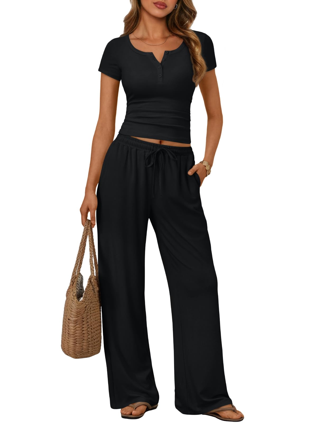 Trendy Queen Women's 2 Piece Matching Lounge Sets Summer Henley Neck Slightly Crop Top Wide Leg Pants Casual Sweat Suit