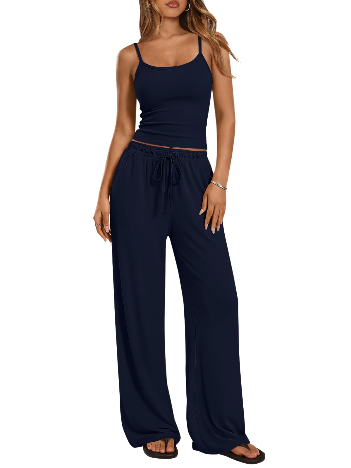Trendy Queen Women's 2 Piece Lounge Set Spring Outfits - Camisole Top & Wide Leg Pants