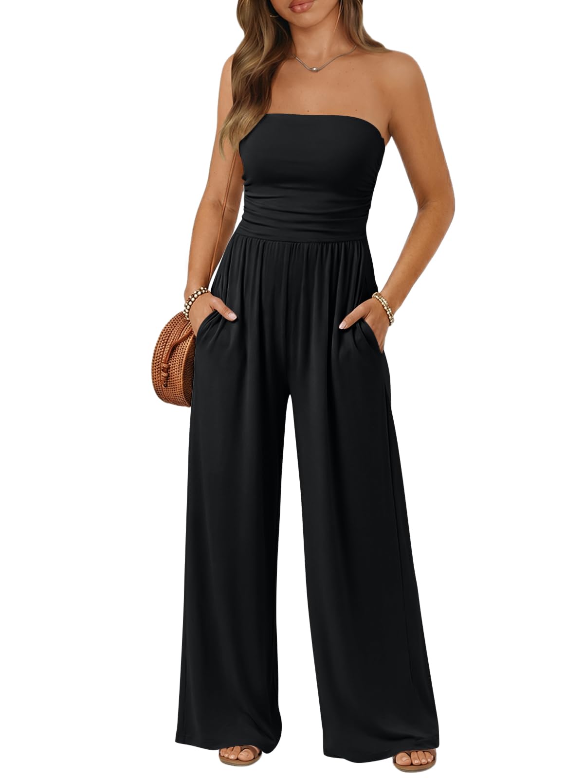 Trendy Queen Womens One Piece Strapless Jumpsuit 2026 Casual Ruched Tube Top Wide Leg Romper Beach Vacation Summer Outfits