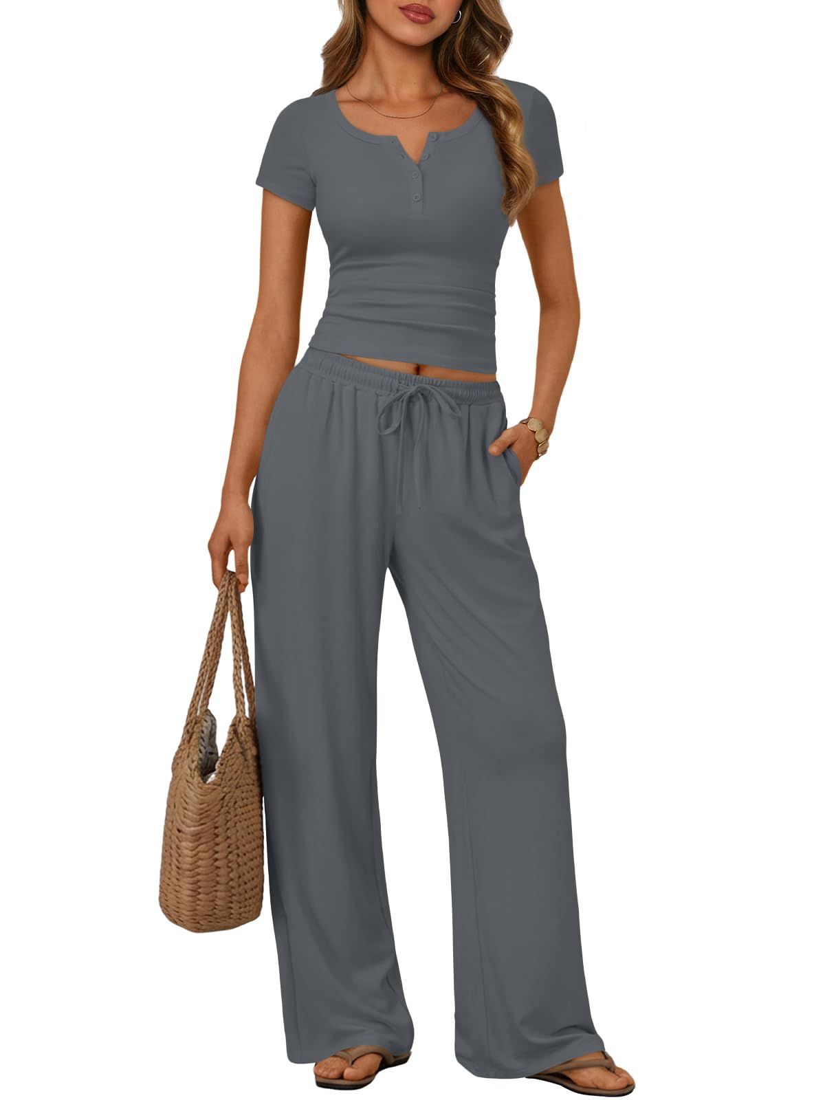 Trendy Queen Women's 2 Piece Matching Lounge Sets Summer Henley Neck Slightly Crop Top Wide Leg Pants Casual Sweat Suit