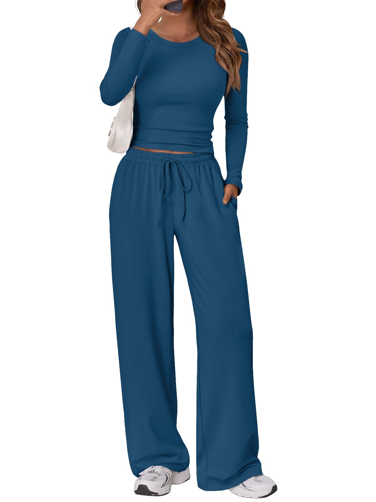 Trendy Queen Women's 2 Piece Matching Lounge Set Long Sleeve Side Ruching Top Wide Leg Drawstring Pants Set with Pockets