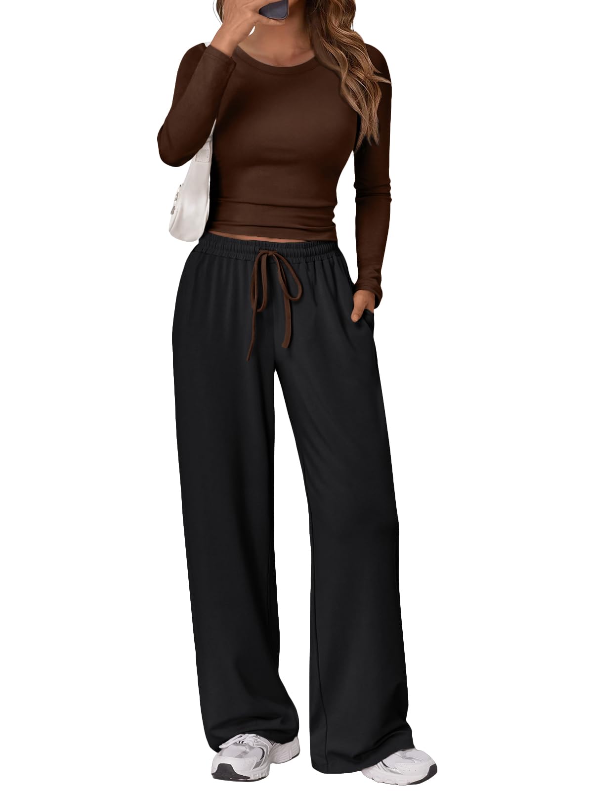 Trendy Queen Women's 2 Piece Matching Lounge Set Long Sleeve Side Ruching Top Wide Leg Drawstring Pants Set with Pockets