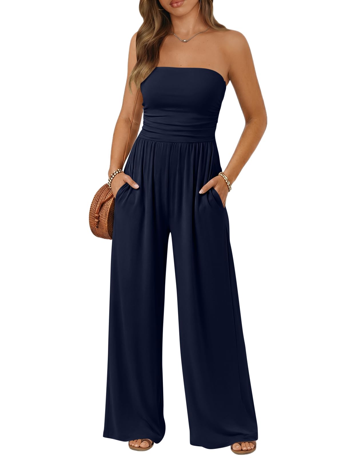 Trendy Queen Womens One Piece Strapless Jumpsuit 2026 Casual Ruched Tube Top Wide Leg Romper Beach Vacation Summer Outfits