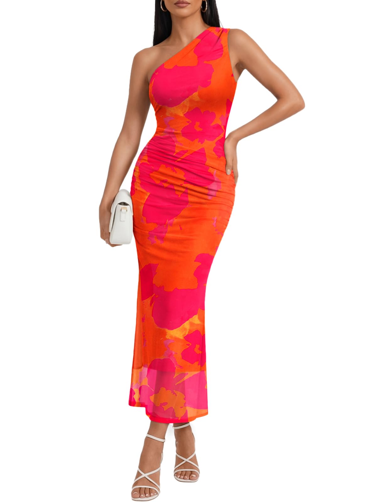 Trendy Queen Women's One Shoulder Maxi Bodycon Mesh Ruched Floral Beach Cocktail Wedding Guest Dress with Side Slit