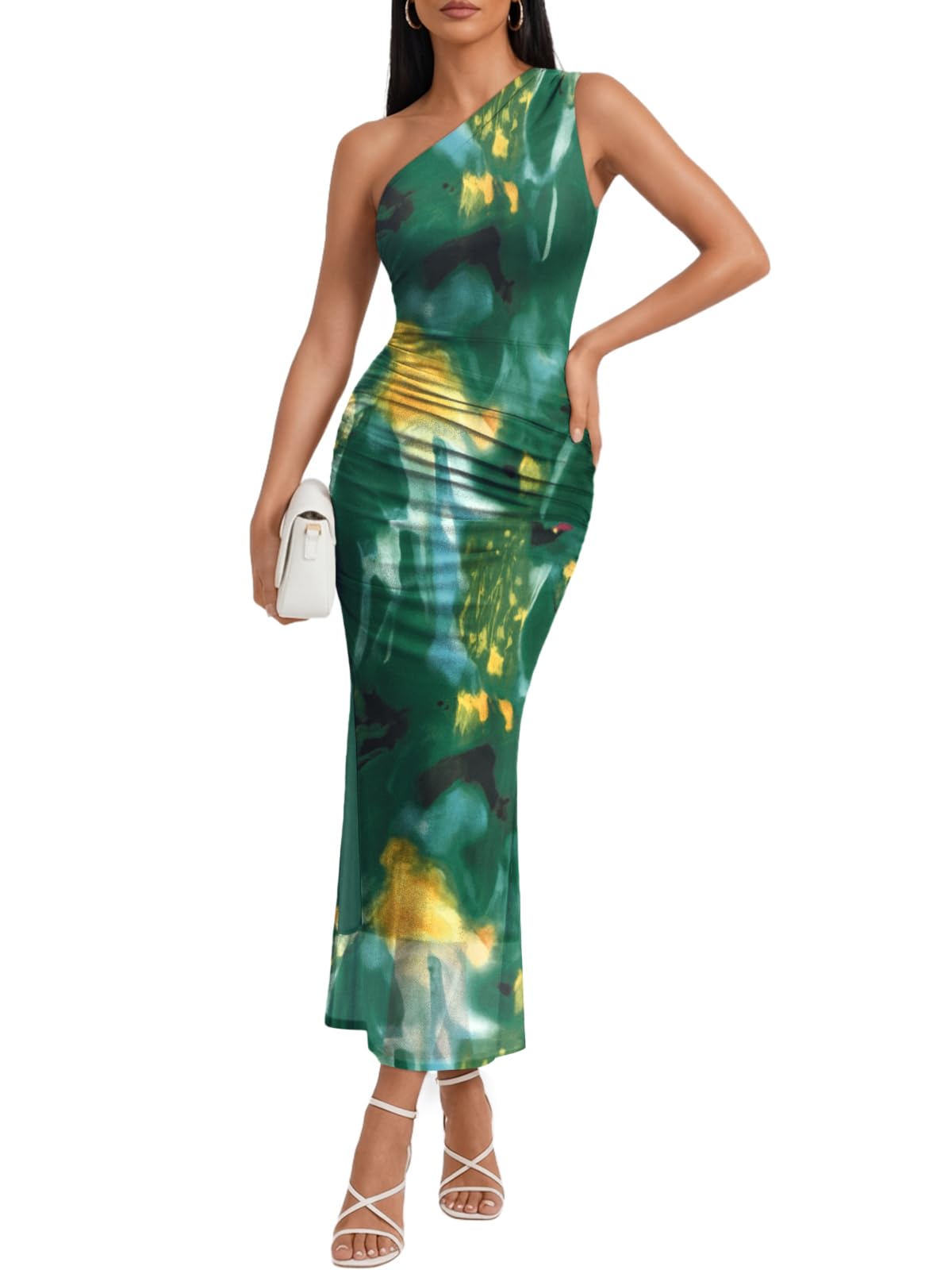 Trendy Queen Women's One Shoulder Maxi Bodycon Mesh Ruched Floral Beach Cocktail Wedding Guest Dress with Side Slit