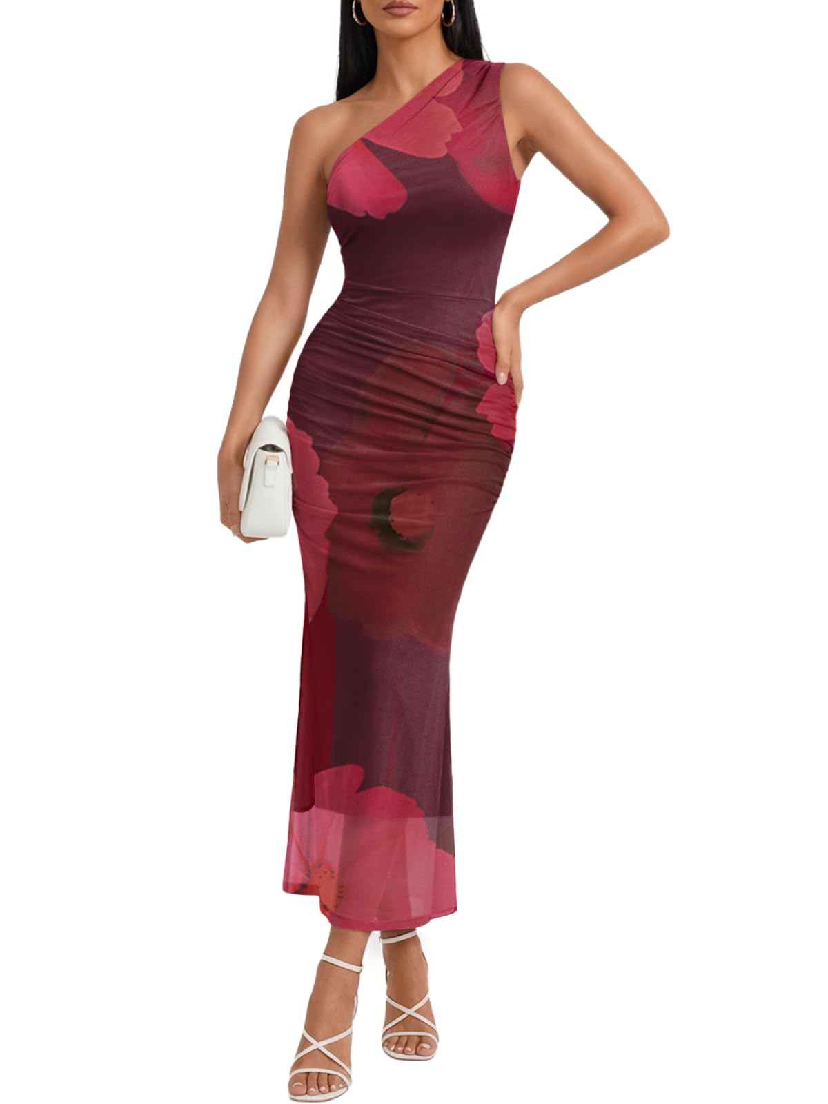 Trendy Queen Women's One Shoulder Maxi Bodycon Mesh Ruched Floral Beach Cocktail Wedding Guest Dress with Side Slit