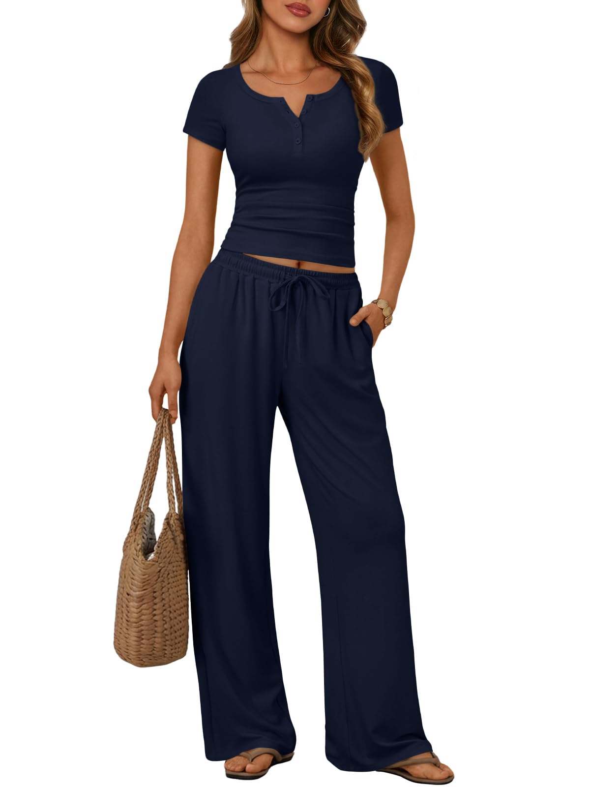 Trendy Queen Women's 2 Piece Matching Lounge Sets Summer Henley Neck Slightly Crop Top Wide Leg Pants Casual Sweat Suit