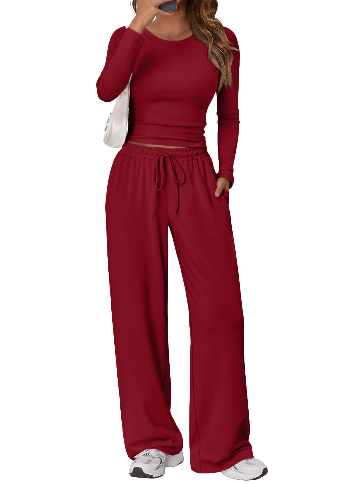 Trendy Queen Women's 2 Piece Matching Lounge Set Long Sleeve Side Ruching Top Wide Leg Drawstring Pants Set with Pockets