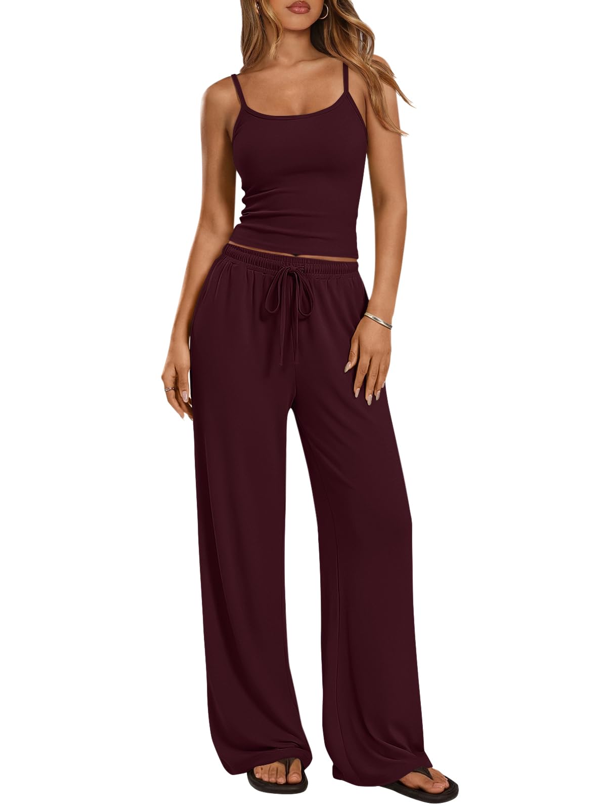 Trendy Queen Women's 2 Piece Lounge Set Spring Outfits - Camisole Top & Wide Leg Pants
