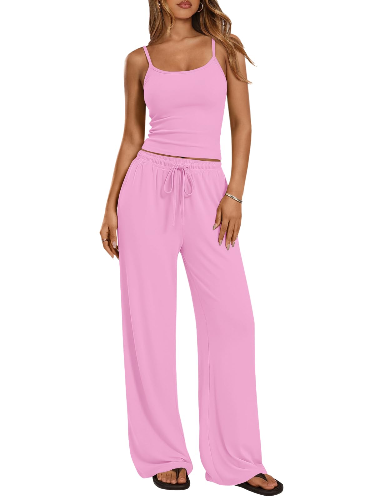 Trendy Queen Women's 2 Piece Lounge Set Spring Outfits - Camisole Top & Wide Leg Pants