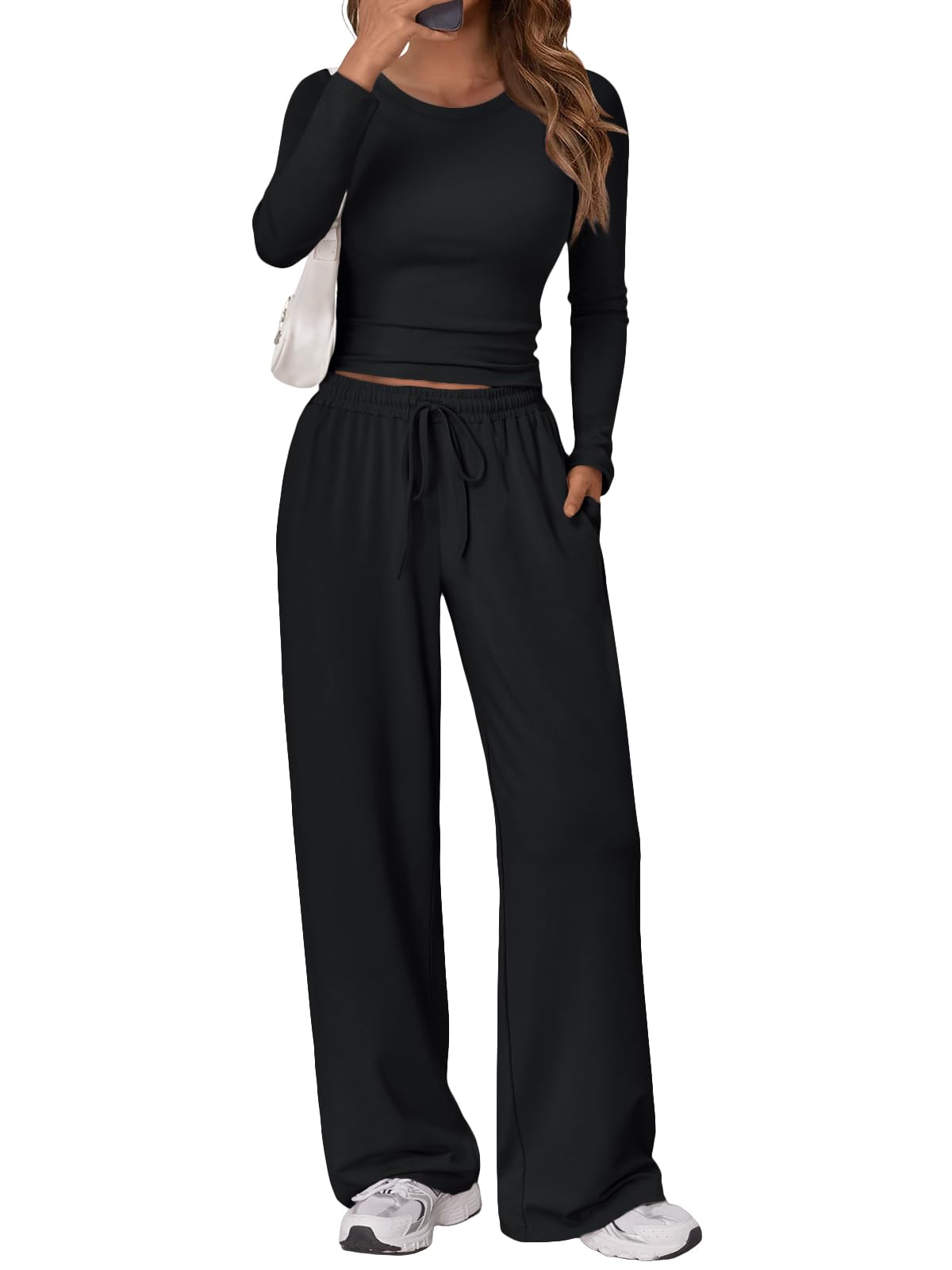 Trendy Queen Women's 2 Piece Matching Lounge Set Long Sleeve Side Ruching Top Wide Leg Drawstring Pants Set with Pockets
