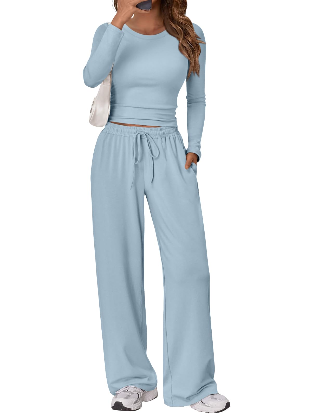 Trendy Queen Women's 2 Piece Matching Lounge Set Long Sleeve Side Ruching Top Wide Leg Drawstring Pants Set with Pockets