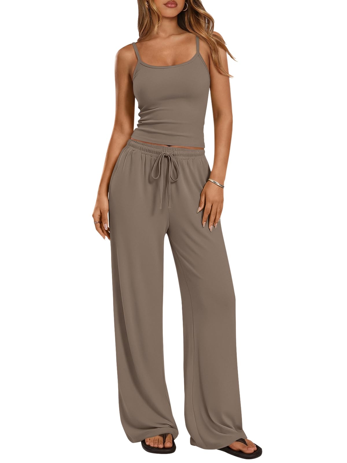 Trendy Queen Women's 2 Piece Lounge Set Spring Outfits - Camisole Top & Wide Leg Pants