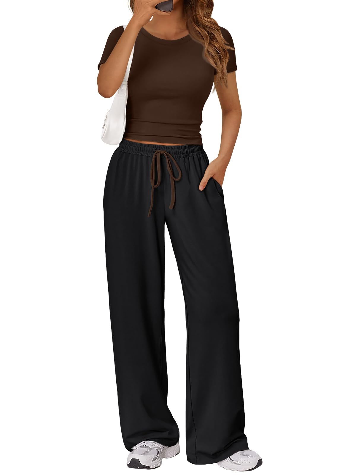 Trendy Queen 2 Piece Matching Summer Lounge Set Womens Side Ruching Top Wide Leg Pants Sets with Pockets