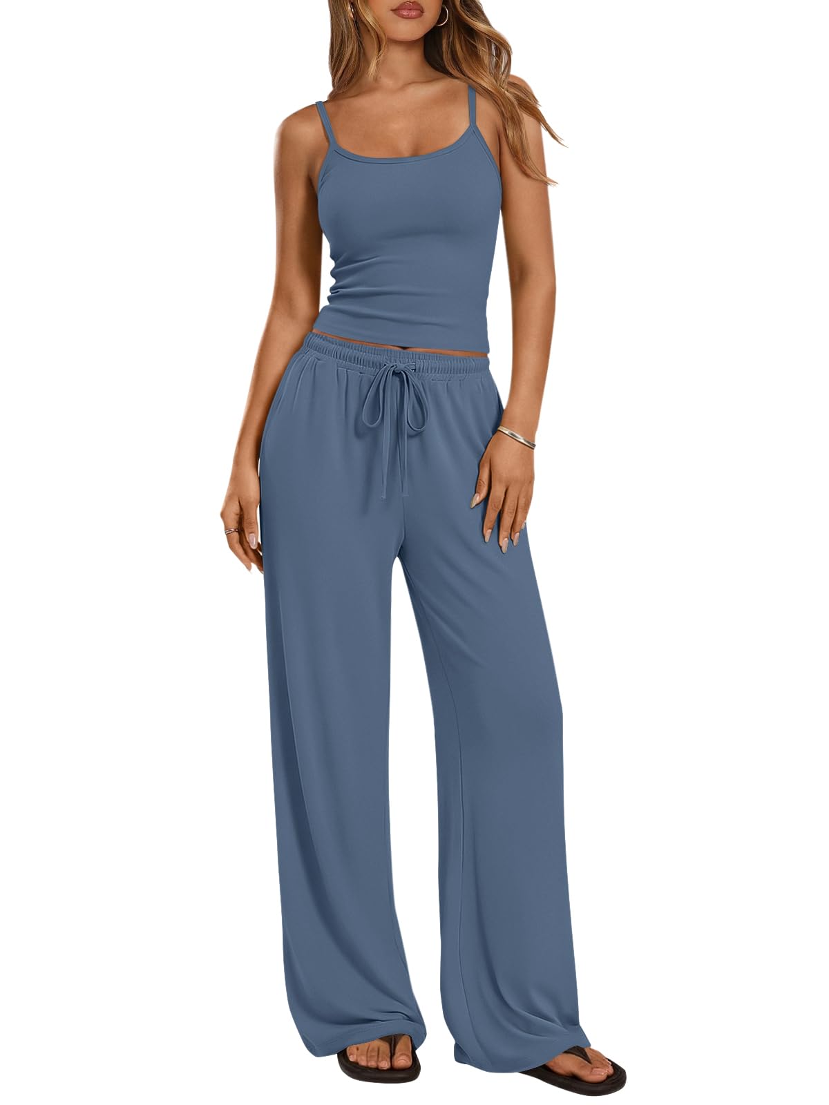 Trendy Queen Women's 2 Piece Lounge Set Spring Outfits - Camisole Top & Wide Leg Pants