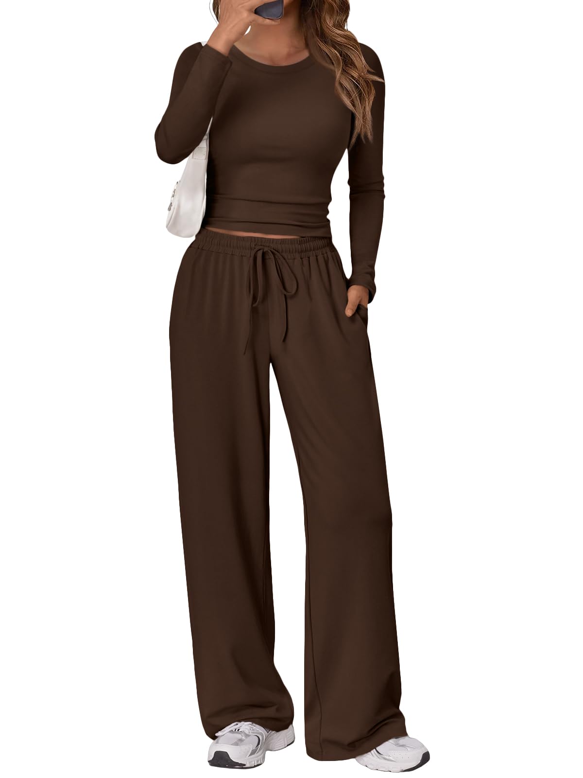 Trendy Queen Women's 2 Piece Matching Lounge Set Long Sleeve Side Ruching Top Wide Leg Drawstring Pants Set with Pockets