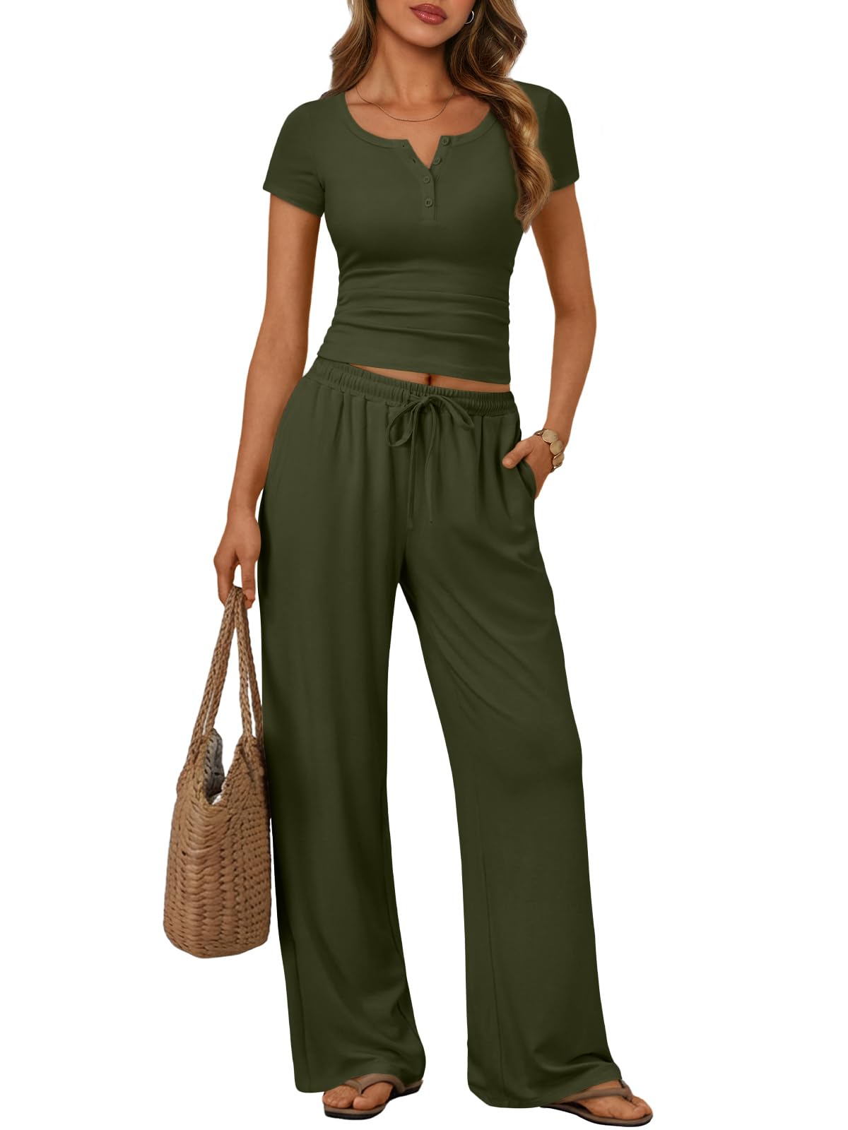 Trendy Queen Women's 2 Piece Matching Lounge Sets Summer Henley Neck Slightly Crop Top Wide Leg Pants Casual Sweat Suit