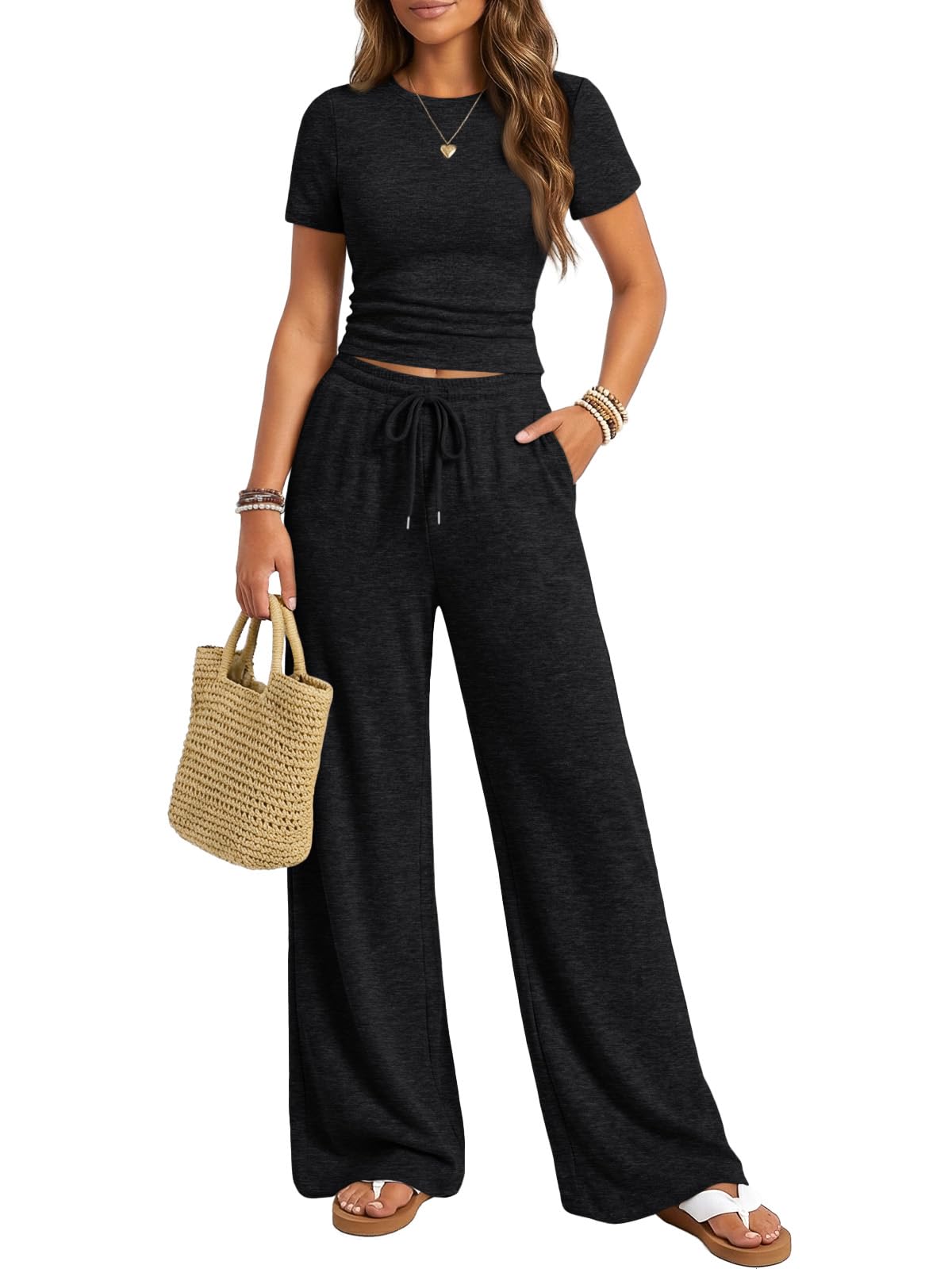 Trendy Queen Womens 2 Piece Lounge Matching Sets Wide Leg Pants Crew Neck Short Sleeve Shirt Sweatsuits