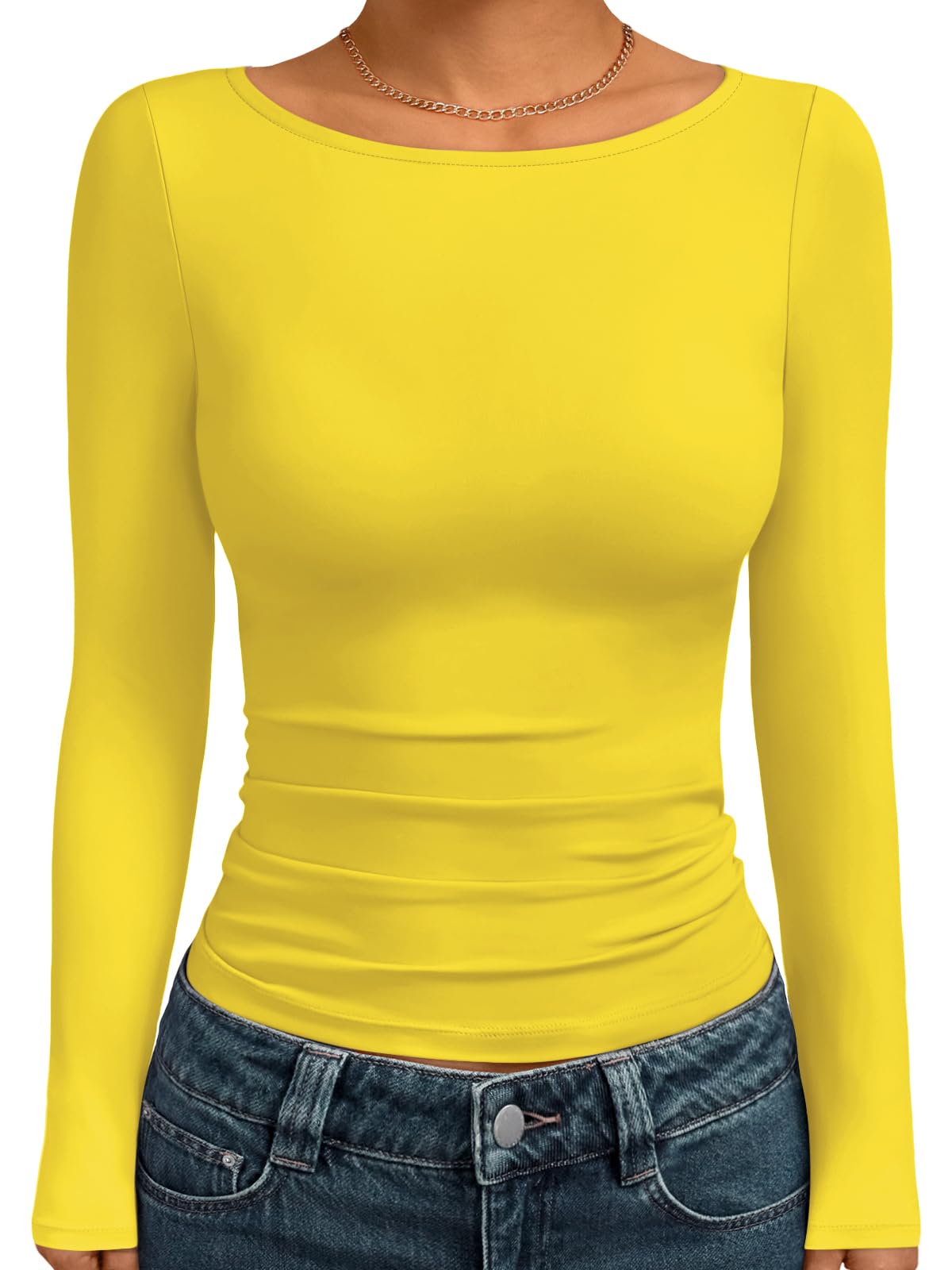 Trendy Queen Women's Boat Neck Tops Long Sleeve Shirts Fitted Fall Basic Clothes