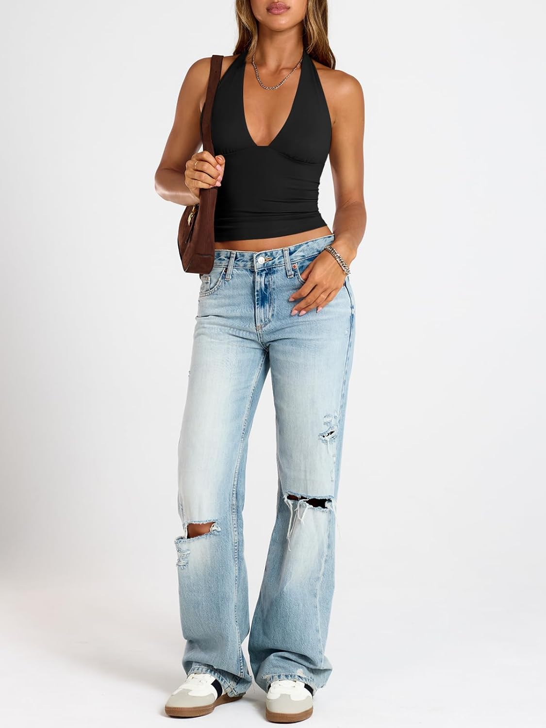 Trendy Queen Double Lined Halter Top for Women Open Back Backless Deep V Neck Crop Top Summer Teen Going Out Party Clubbing