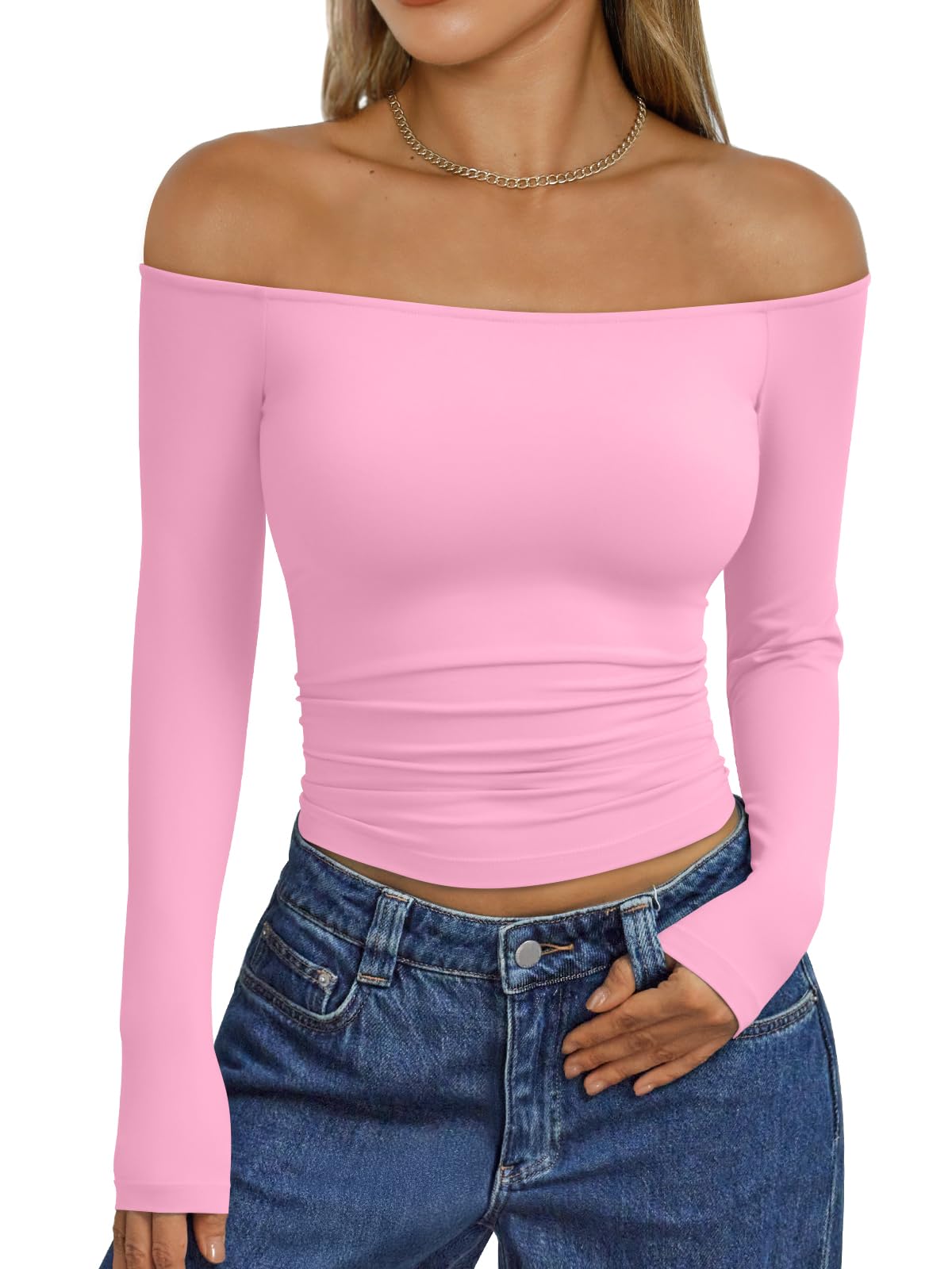 Trendy Queen Womens Long Sleeve Off The Shoulder Tops Going Out Cute Basic Y2K Fall Fashion 2026 Outfits Clothes