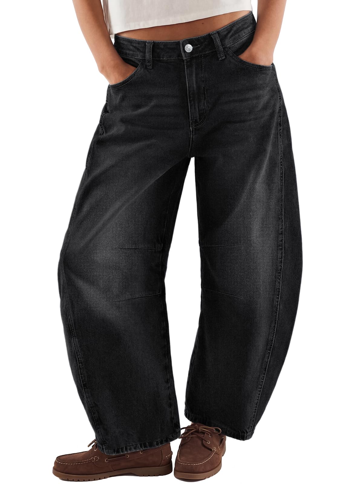 Trendy Queen Women‘s Barrel Jeans - Wide Leg & High Waisted Denim Pants with Curved Hem and Slant Pockets