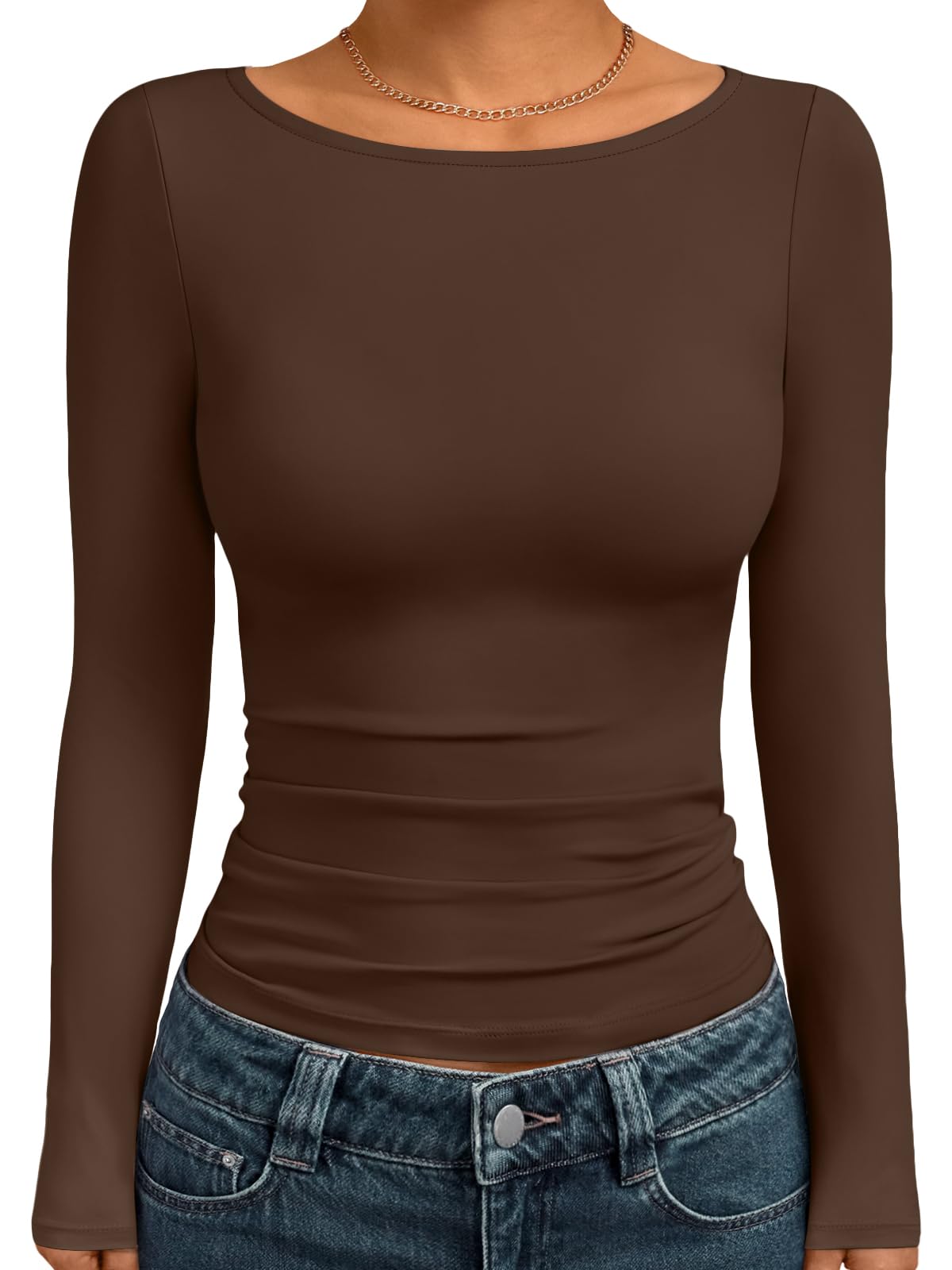 Trendy Queen Women's Boat Neck Tops Long Sleeve Shirts Fitted Fall Basic Clothes