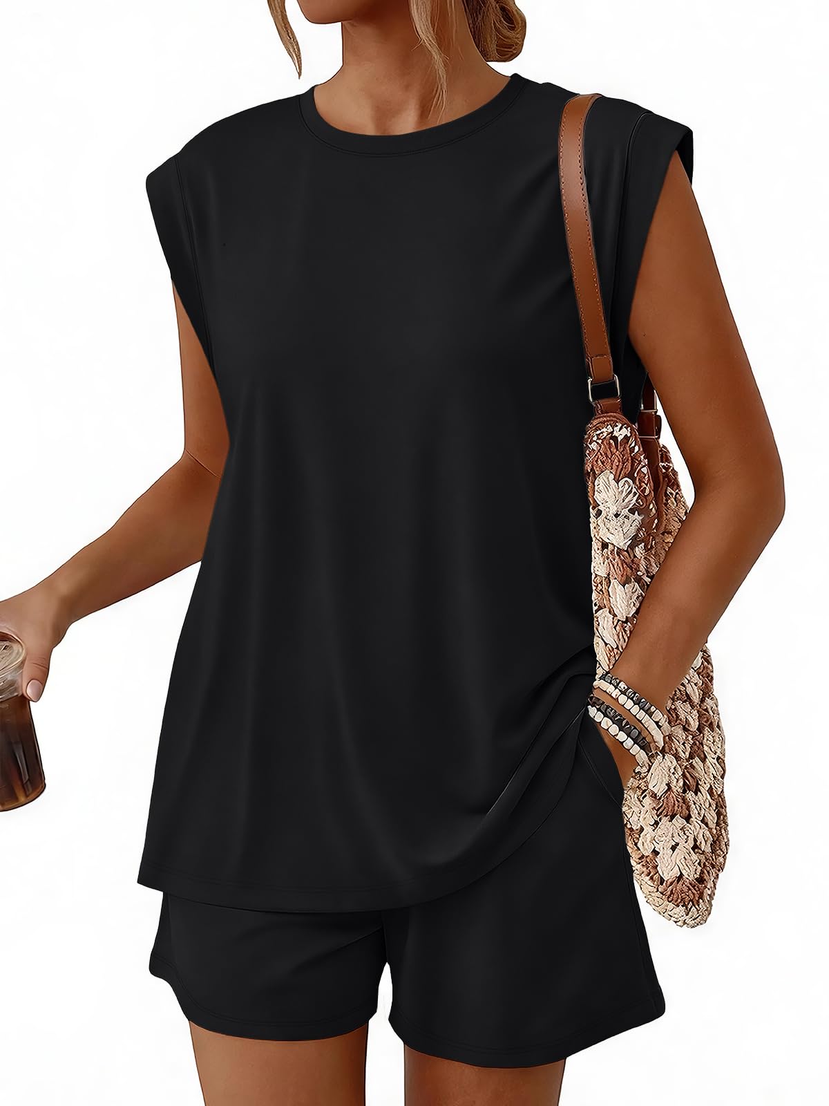 Trendy Queen 2 Piece Short Sets for Women Summer Matching Lounge Sets Cap Sleeve Tops & Loose Fit Shorts with Pockets