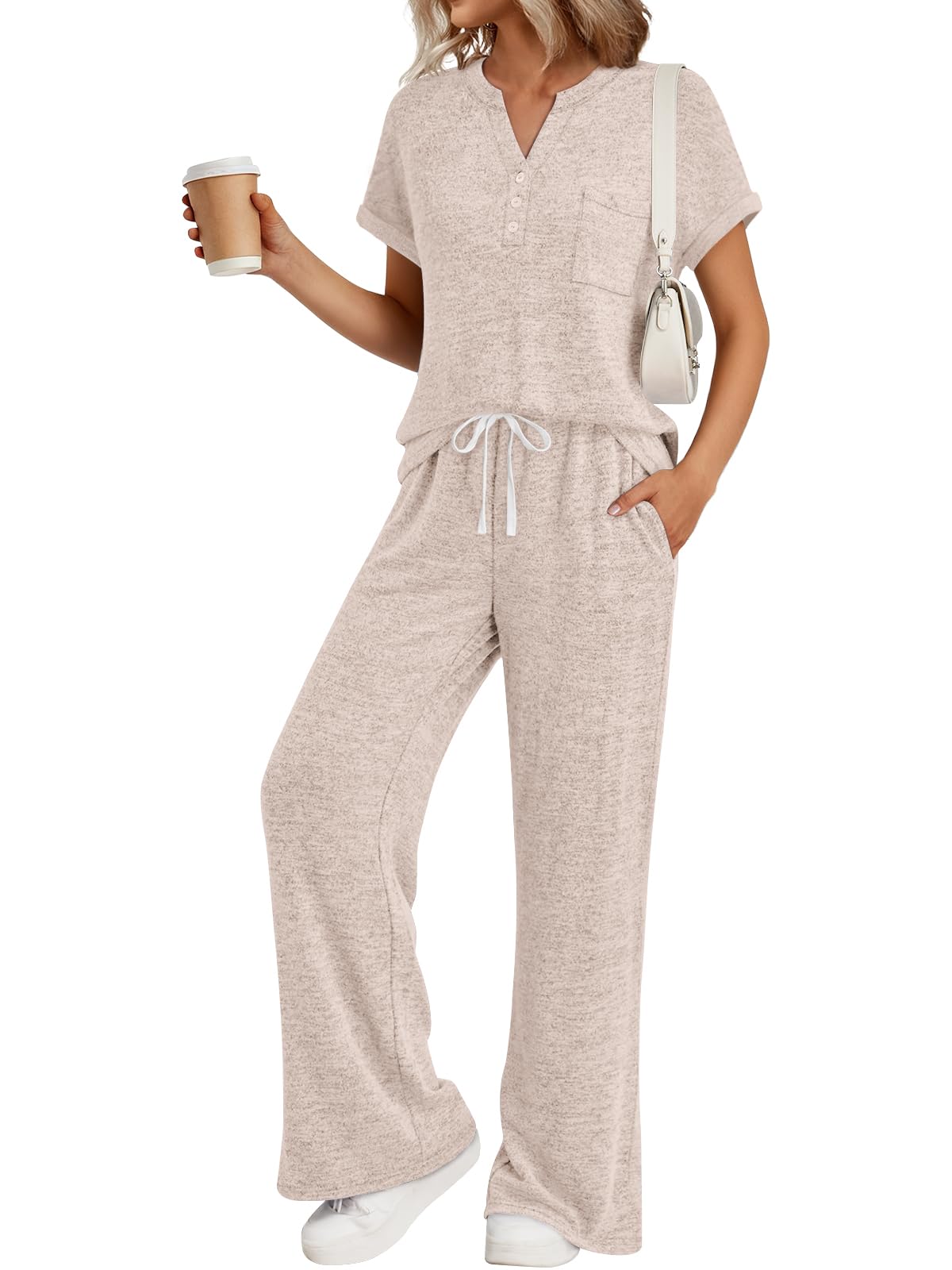 Trendy Queen 2 Piece Lounge Sets for Women Summer 2026 Henley Sweatsuit Travel Vacation Airport Outfits Pajamas Sets