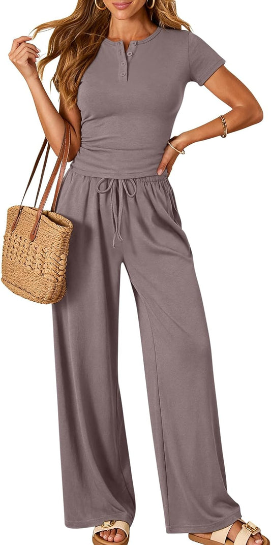 Trendy Queen Womens 2 Piece Sets Lounge Matching Set Cruise Casual Vacation Outfits Summer Wide Leg Pants Workout Clothes