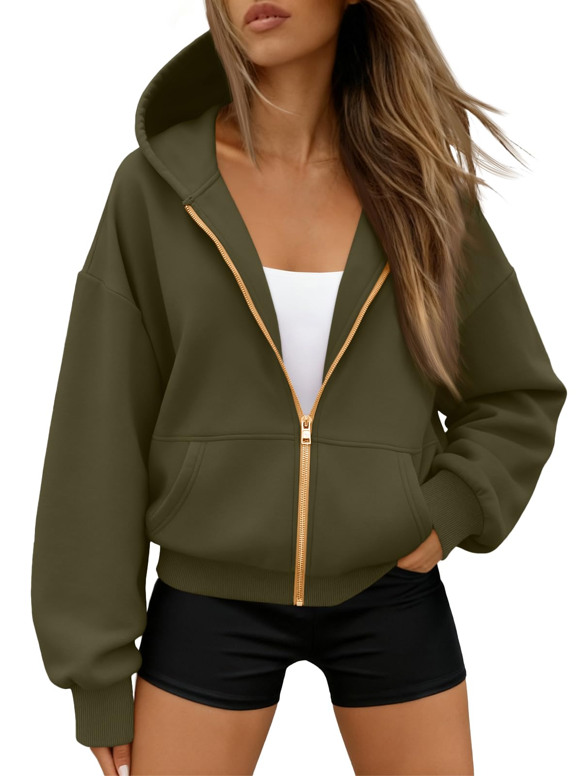 Trendy Queen Women's Zip Up Hoodie Fleece Lined Cropped Sweatshirt Y2K Oversized Fall Jacket