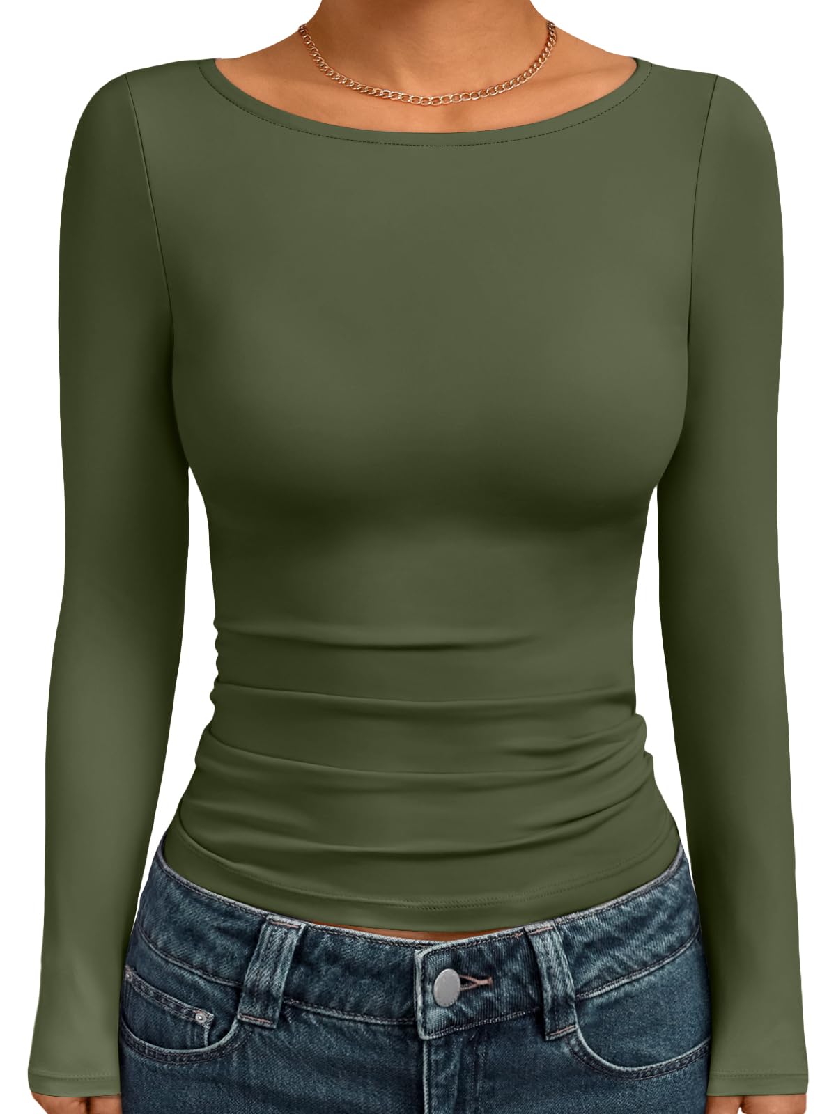 Trendy Queen Women's Boat Neck Tops Long Sleeve Shirts Fitted Fall Basic Clothes