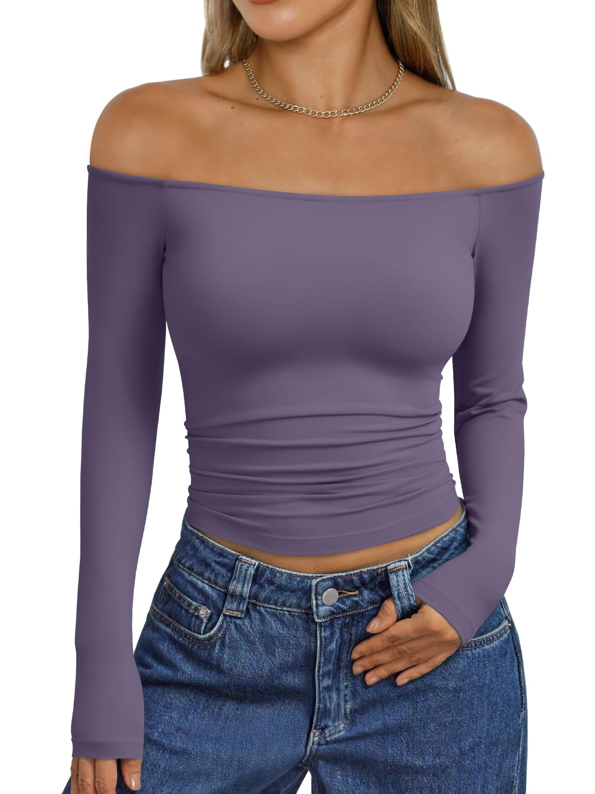 Trendy Queen Womens Long Sleeve Off The Shoulder Tops Going Out Cute Basic Y2K Fall Fashion 2026 Outfits Clothes