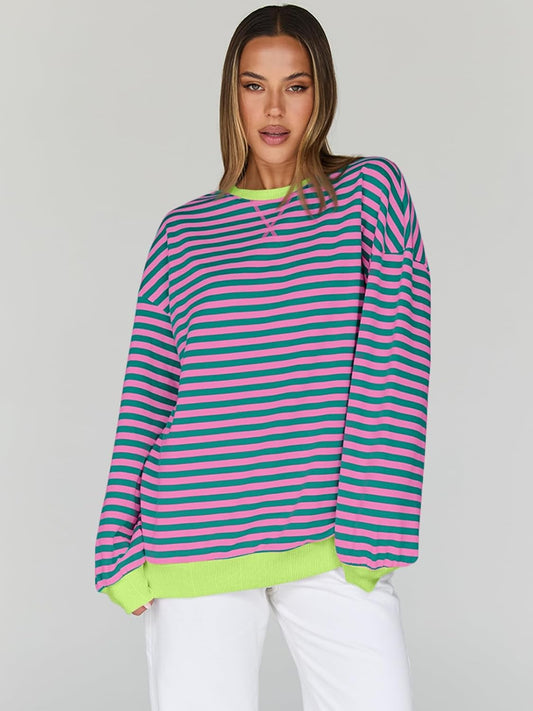 Trendy Queen Oversized Sweatshirt for Women 2026 Fall Crewneck Striped Long Sleeve Shirts Hoodies Cute Top Y2K Outfits